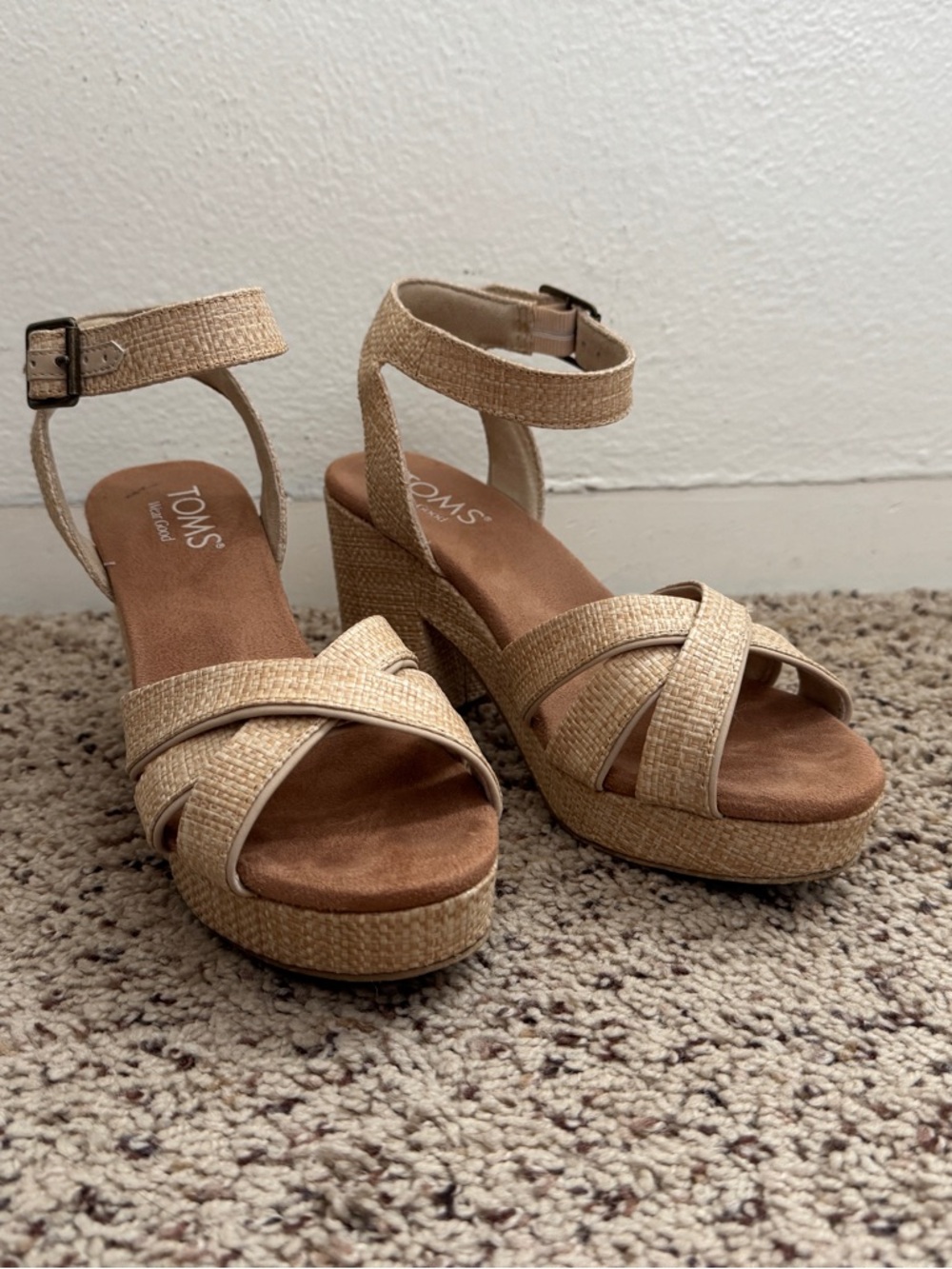 TOMS Natural Tan Woven Block Heel Sandals with Ankle Buckle